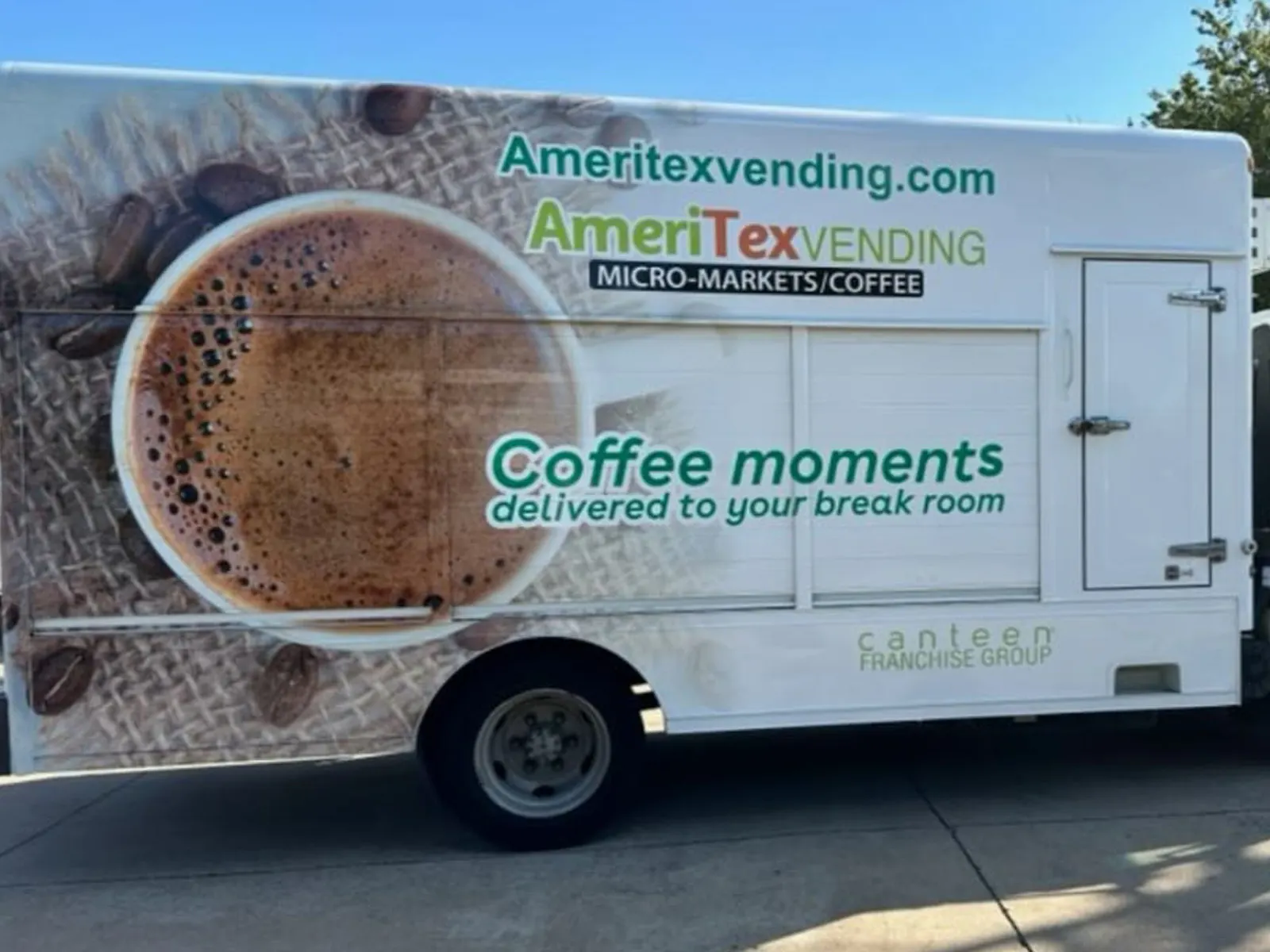 Side panel of the AmeriTex Vending truck wrap with coffee cup graphics